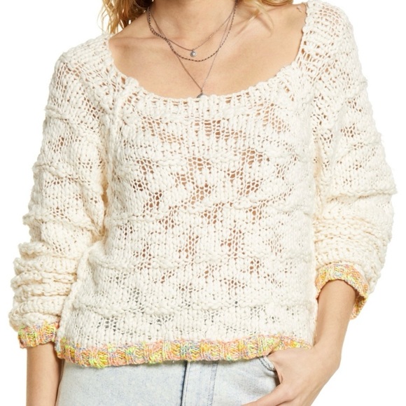 Free People Ivory West Palm Pullover Sweater with Colorful Trim Size XS - Picture 4 of 11